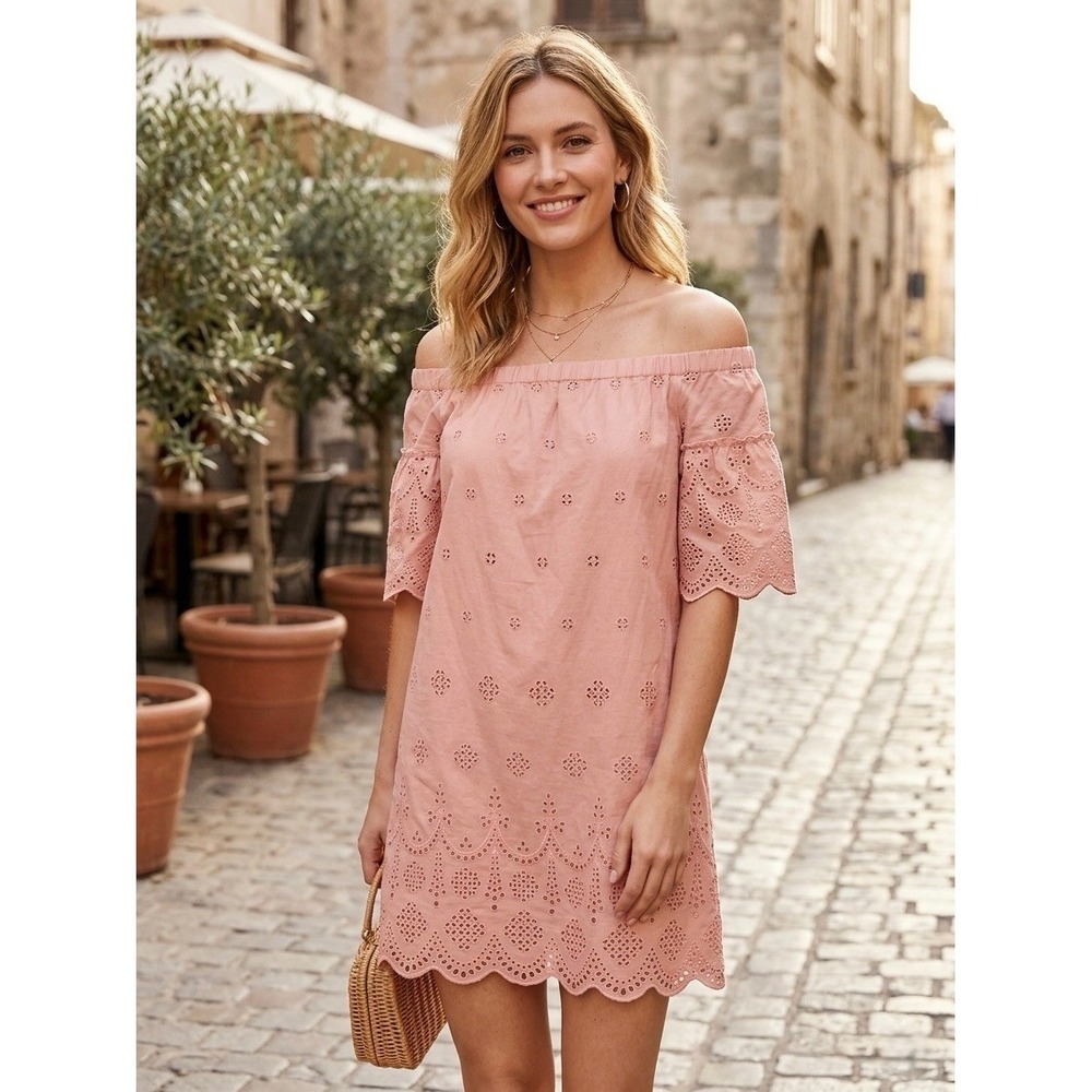 Madewell Pink Eyelet Off-The-Shoulder Scalloped Shift Dress G3057 Womens 14